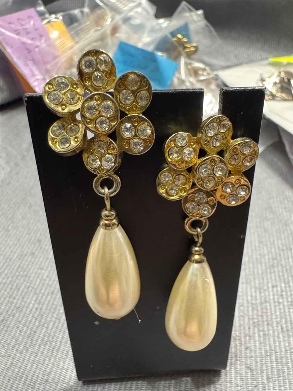 Vi Source Unknown Gold Floral Crystal Drop Earrings with Cream Pearl Teardrops